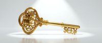 Ornate golden key with decorative circular head featuring intricate patterns, isolated on white background, suitable for luxury branding, security concepts, and design applications.