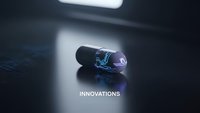 Futuristic holographic projection device displaying glowing blue light on dark surface with innovations text for technology presentations.