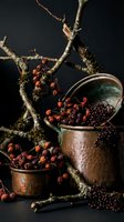 Rustic copper vessels filled with dried rosehips and elderberries arranged with moss-covered branches in moody dark still life composition for autumn decor.