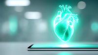 Glowing turquoise hologram of anatomical heart floating above smartphone screen on blurred medical background, modern healthcare technology concept.