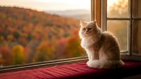 Fluffy orange tabby cat sitting on windowsill overlooking autumn forest landscape during golden hour sunset through open wooden window frame.