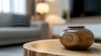 Minimalist brown ceramic vase on wooden table in modern living room interior with soft ambient lighting and blurred couch background creates serene atmosphere.