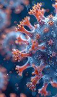 Coronavirus particles with spike proteins in orange and blue colors showing viral structure and molecular details for medical education and research.