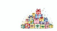 Colorful stacked gift boxes with bows and ribbons arranged in pyramid formation, isolated on white background for holiday designs and seasonal marketing materials.