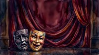 Young adult female performer with fair complexion wearing theatrical makeup, posing with classic comedy and tragedy masks against draped burgundy stage curtains, suitable for theater, drama, performing arts, entertainment industry marketing, educational materials, and cultural event promotions.