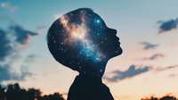 Silhouette of young African American male profile against sunset sky with cosmic galaxy double exposure effect showing inner universe and mindfulness.