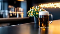 Fresh draft beer mug with foam on bar counter in cozy pub with warm bokeh lights creating inviting atmosphere for social gatherings and relaxation.
