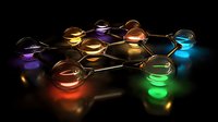 Glowing molecular structure with colorful luminescent spheres connected by golden bonds on dark background, scientific concept for chemistry and research.