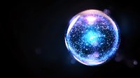 Glowing cosmic sphere with blue and purple light effects against dark background, magical energy orb with sparkling particles and luminous aura.