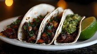Mexican street tacos with tender meat, fresh cilantro, and diced onions served on corn tortillas with lime wedge garnish on white plate, authentic cuisine presentation.