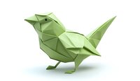 Green origami bird with geometric angular shapes and crisp folds stands on white background, isolated paper art craft design element for creative projects.