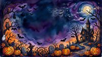 Watercolor Halloween night scene with haunted house, glowing pumpkins, bats, ghost, and full moon, framed border with copy space.