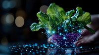 Fresh green salad leaves floating with glowing blue network connections and sparkles against dark background, futuristic food technology concept for agriculture and nutrition.