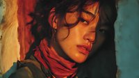 Young Asian woman with tousled hair and red scarf against colorful wall background, dramatic lighting creating moody atmospheric portrait.