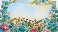 Watercolor floral frame with teal and pink roses, golden swirls, and lush greenery on a soft blue background, perfect for cards and invitations.