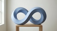 Blue gradient infinity symbol sculpture on wooden table in minimalist interior space for modern decor and mathematical concepts.