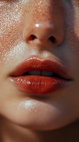 Close-up of glossy red lips and nose with glowing dewy skin and sparkly highlights, showcasing modern beauty and cosmetic makeup artistry for editorial use.