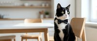 Black and white cat wearing bow tie sitting at wooden dining table in modern kitchen interior, pet fashion and home decor concept.