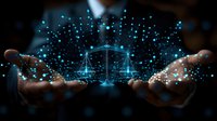 Digital justice scales floating between hands with glowing blue network connections, perfect for legal tech, law firm websites, and digital transformation in legal industry.