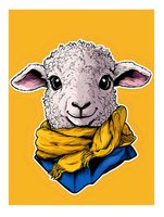 Cute cartoon lamb wearing yellow and blue scarf portrait on orange background. Isolated sticker style illustration for merchandise and design projects.