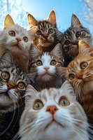 Group of curious cats looking up at camera with wide eyes and attentive expressions against blue sky background, creating amusing composition of feline faces.