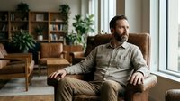Relaxed middle-aged Caucasian man sitting in leather armchair by window in modern living room with plants and wooden furniture for lifestyle content.