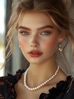Young blonde woman with pearl necklace and earrings in elegant black dress with natural makeup and soft lighting for fashion and beauty concepts.