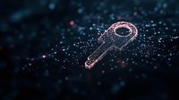 Glowing digital key symbol floating in dark space with scattered light particles and bokeh effects creating futuristic cybersecurity concept.