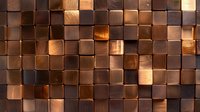 Metallic copper mosaic wall with square tiles creating dimensional geometric pattern. Light reflects off raised and recessed elements for luxurious architectural effect.