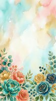 Soft watercolor background with pastel washes in turquoise, pink, yellow and cream featuring decorative floral border of roses, peonies and botanical elements for invitations and design projects.