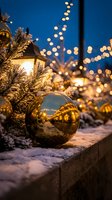 Golden ornament and evergreen branches with twinkling lights on snowy ledge at twilight, creating festive holiday ambiance for seasonal decorations and winter celebrations.