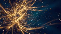 Abstract golden light trails swirling in dynamic motion with sparkling particles on dark blue background for digital art and modern design projects.