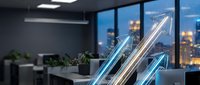 Upward trending arrows with glowing blue light overlay symbolize financial growth, business success, and market expansion in modern office setting with city skyline.