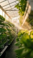 Worker tending lush green plants in modern greenhouse with glass roof and natural sunlight streaming through, hydroponic farming system for sustainable agriculture.