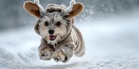 Small dog wearing reindeer costume running through snow with joyful expression, creating playful winter scene for holiday pet photography.