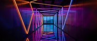 Futuristic neon corridor with glowing purple and orange light beams creating geometric patterns in modern architectural space for sci-fi design projects.