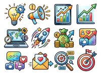 Startup business growth strategy icons set with lightbulb, megaphone, charts, rocket, laptop, money and target symbols for marketing and entrepreneurship projects.