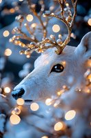 White reindeer close-up portrait with glowing bokeh lights and decorated branches, creating magical winter holiday atmosphere against blue background.