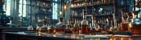 Panoramic view of premium whiskey bottles lined up on wooden bar counter with warm ambient lighting and blurred liquor shelf background. Perfect for bar promotion.