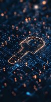 Digital key icon glowing on circuit board background with bokeh light effects, representing cybersecurity and data protection concepts.