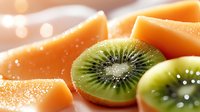 Sliced kiwi fruit and orange segments with water droplets, showcasing fresh tropical fruits for food and beverage design projects.