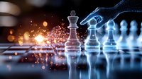 Glowing chess pieces on reflective surface with magical light effects and sparkles, strategic business concept showing leadership and competition in modern style.