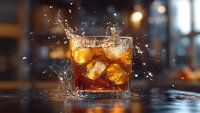 Glass of whiskey with ice cubes splashing in dramatic lighting against dark blurred background, liquid drops frozen in motion creating dynamic composition.