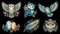 Colorful owl illustrations with decorative floral and feather elements, isolated on transparent background. Ready for t-shirt design, clipart, stickers, sublimation, print-on-demand products and digital crafts.