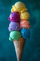 Colorful ice cream scoops stacked in waffle cone against teal background, featuring yellow, purple, orange, lavender, green, and blue flavors.