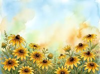 Watercolor yellow daisy flowers with green leaves on soft pastel background for spring summer botanical design projects and natural decor applications.