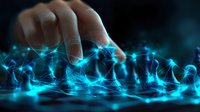 Hand touching glowing blue network connections on dark background, digital transformation concept showing interactive technology and artificial intelligence integration.