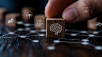 Wooden cube with brain icon among network connections on dark background, symbolizing artificial intelligence and cognitive development in business strategy.