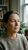 Mature woman with gray hair wearing beige sweater gazes thoughtfully by window with bookshelf and potted plant behind, contemplative portrait for editorial and lifestyle use.