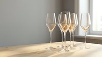 Four elegant champagne flutes filled with golden sparkling wine arranged on wooden table in bright natural light creating sophisticated celebration atmosphere.